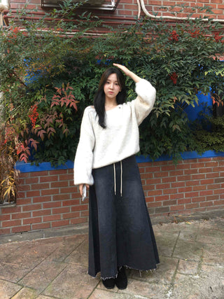 Dark Wash Long String Denim Long Skirt
