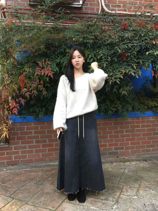 Dark Wash Long String Denim Long Skirt