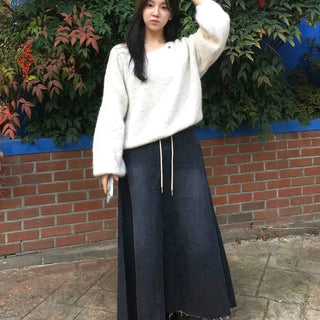 Dark Wash Long String Denim Long Skirt