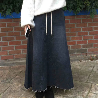 Dark Wash Long String Denim Long Skirt