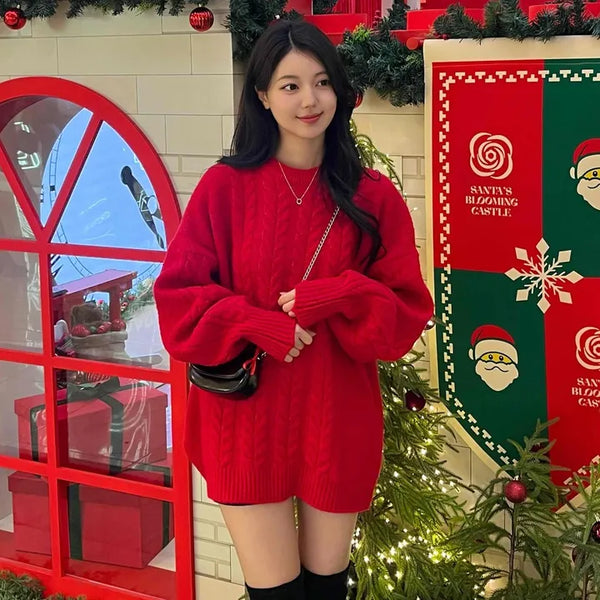 Cable Knit Oversized Round Neck Knit Dress