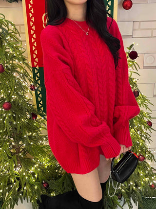 Cable Knit Oversized Round Neck Knit Dress