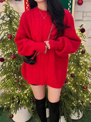 Cable Knit Oversized Round Neck Knit Dress
