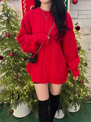 Cable Knit Oversized Round Neck Knit Dress