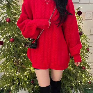 Cable Knit Oversized Round Neck Knit Dress