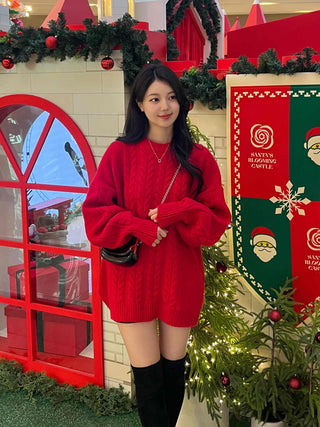 Cable Knit Oversized Round Neck Knit Dress
