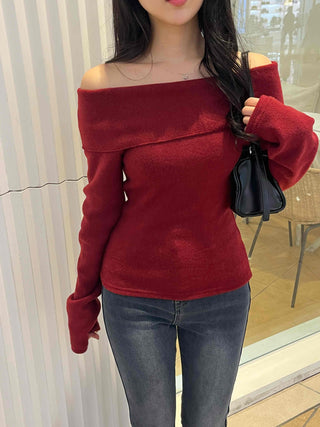 Lovely Off-Shoulder Slim Fit Velvet Long Sleeve T-Shirt