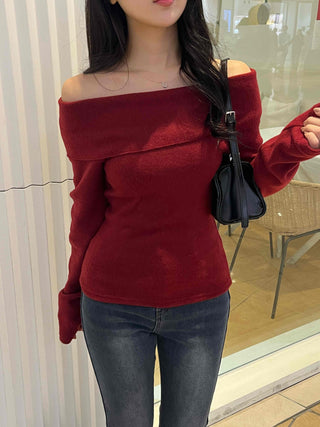 Lovely Off-Shoulder Slim Fit Velvet Long Sleeve T-Shirt