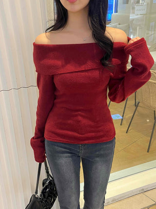 Lovely Off-Shoulder Slim Fit Velvet Long Sleeve T-Shirt