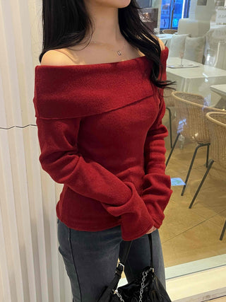 Lovely Off-Shoulder Slim Fit Velvet Long Sleeve T-Shirt