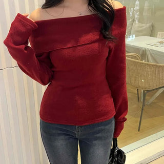 Lovely Off-Shoulder Slim Fit Velvet Long Sleeve T-Shirt