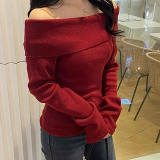 Lovely Off-Shoulder Slim Fit Velvet Long Sleeve T-Shirt