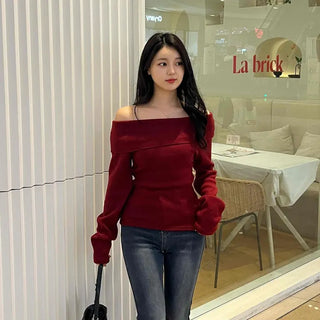 Lovely Off-Shoulder Slim Fit Velvet Long Sleeve T-Shirt