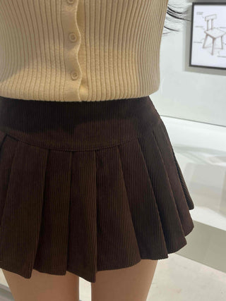 School Look Pleated Slit Corduroy Mini Skirt