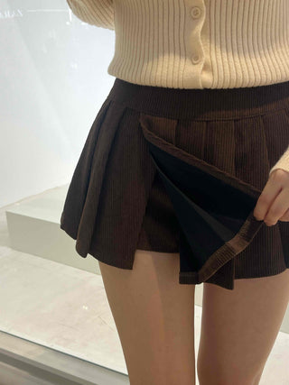 School Look Pleated Slit Corduroy Mini Skirt