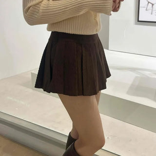 School Look Pleated Slit Corduroy Mini Skirt