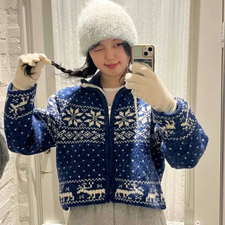 Snow Nordic Fair Isle Knit Zip-Up Oversized Jumper