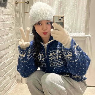 Snow Nordic Fair Isle Knit Zip-Up Oversized Jumper