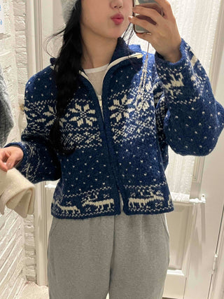 Snow Nordic Fair Isle Knit Zip-Up Oversized Jumper