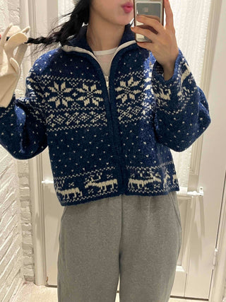 Snow Nordic Fair Isle Knit Zip-Up Oversized Jumper