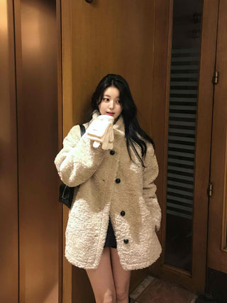 Button Shawl Collar Midi Fleece Shearling Coat