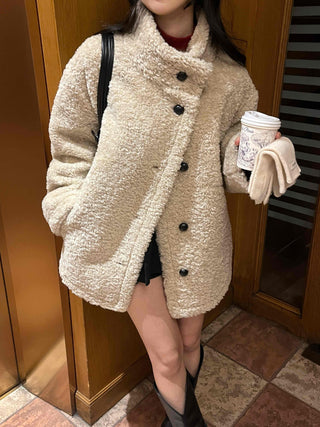 Button Shawl Collar Midi Fleece Shearling Coat