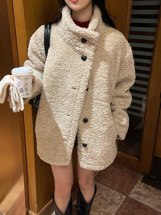 Button Shawl Collar Midi Fleece Shearling Coat