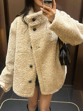 Button Shawl Collar Midi Fleece Shearling Coat