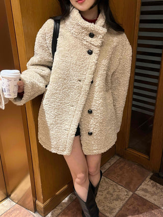 Button Shawl Collar Midi Fleece Shearling Coat