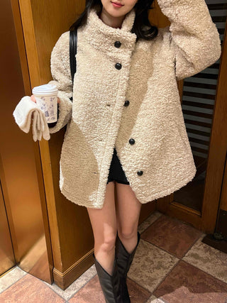 Button Shawl Collar Midi Fleece Shearling Coat