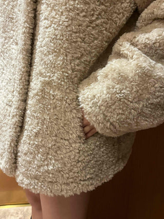 Button Shawl Collar Midi Fleece Shearling Coat