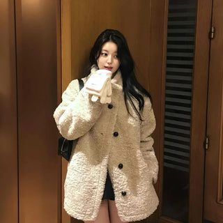 Button Shawl Collar Midi Fleece Shearling Coat