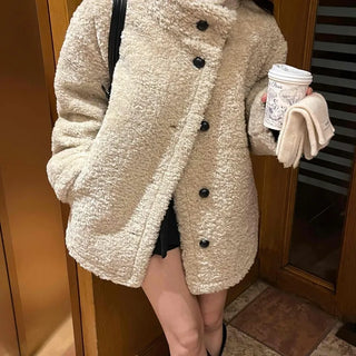 Button Shawl Collar Midi Fleece Shearling Coat