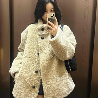 Button Shawl Collar Midi Fleece Shearling Coat