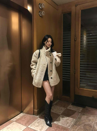 Button Shawl Collar Midi Fleece Shearling Coat