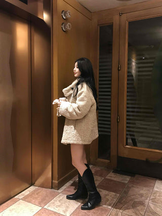 Button Shawl Collar Midi Fleece Shearling Coat
