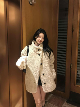 Button Shawl Collar Midi Fleece Shearling Coat