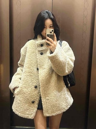 Button Shawl Collar Midi Fleece Shearling Coat