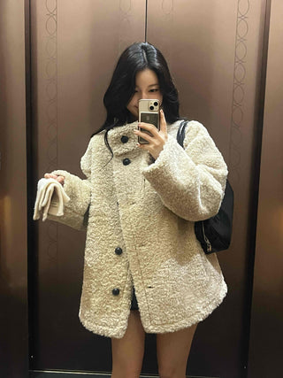 Button Shawl Collar Midi Fleece Shearling Coat