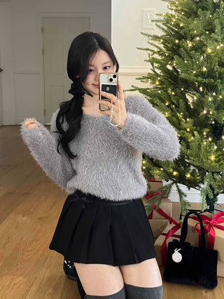Fuzzy Angora V-Neck Crop Knit