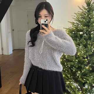 Fuzzy Angora V-Neck Crop Knit