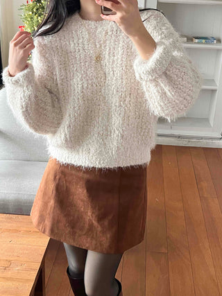 Soft Cozy Fuzzy Balloon Sleeve Round Neck Knit
