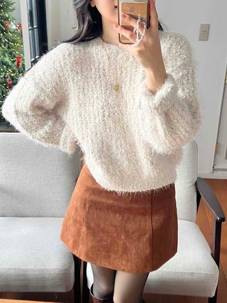 Soft Cozy Fuzzy Balloon Sleeve Round Neck Knit