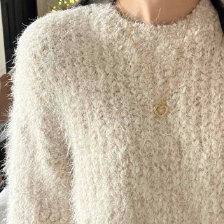 Soft Cozy Fuzzy Balloon Sleeve Round Neck Knit