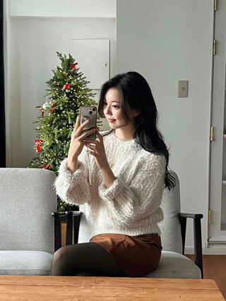 Soft Cozy Fuzzy Balloon Sleeve Round Neck Knit