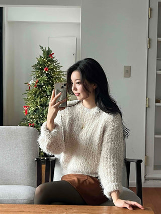 Soft Cozy Fuzzy Balloon Sleeve Round Neck Knit