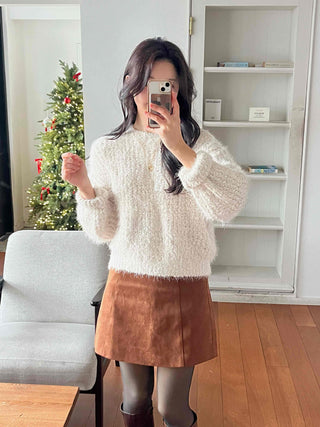 Soft Cozy Fuzzy Balloon Sleeve Round Neck Knit