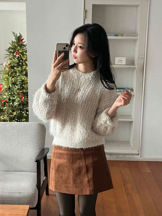 Soft Cozy Fuzzy Balloon Sleeve Round Neck Knit