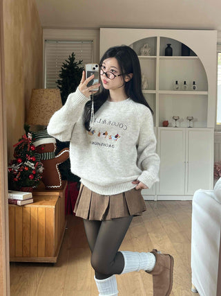 Winter Vibe Lettering Embroidery Oversized Wool Blend Knit