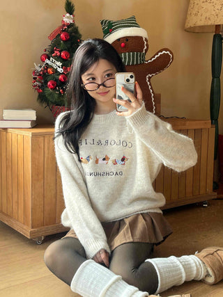 Winter Vibe Lettering Embroidery Oversized Wool Blend Knit